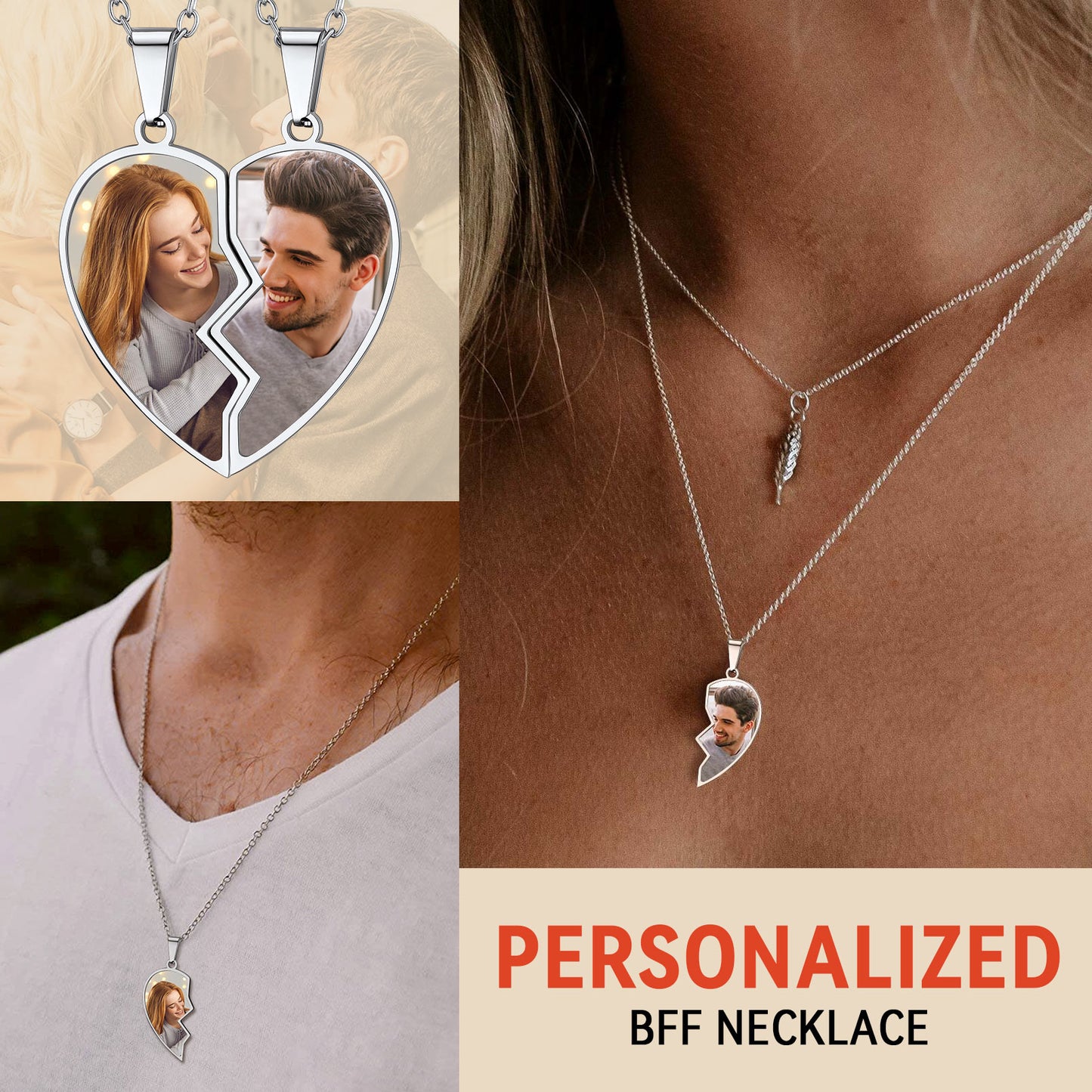 Personalized BFF necklace with heart-shaped pendant featuring a couple's photo, worn by a person.