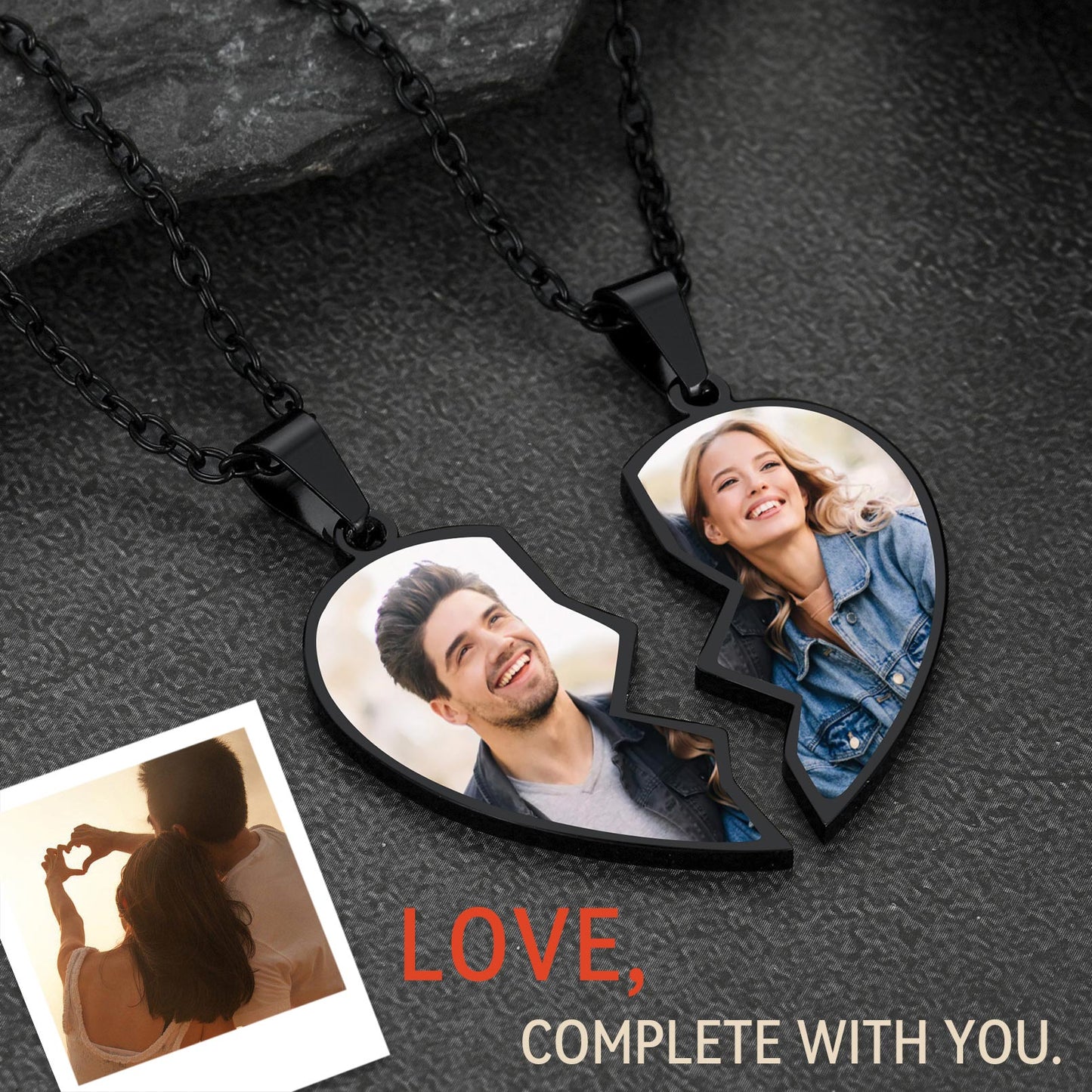 Heart-shaped photo pendants on a dark surface with 'LOVE, COMPLETE WITH YOU' text.