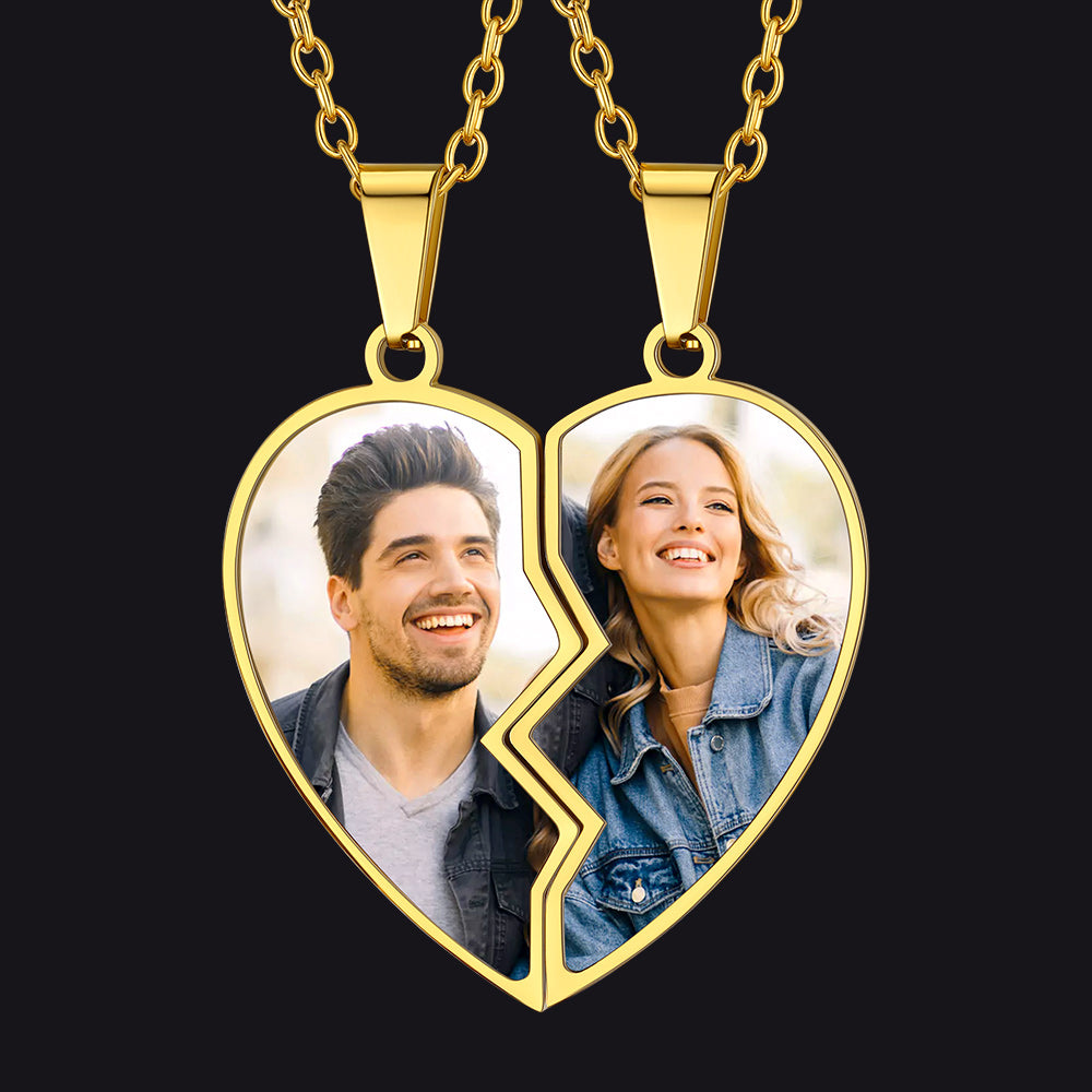 Gold heart-shaped pendant with two halves, each featuring a photo of a couple, on a black background.