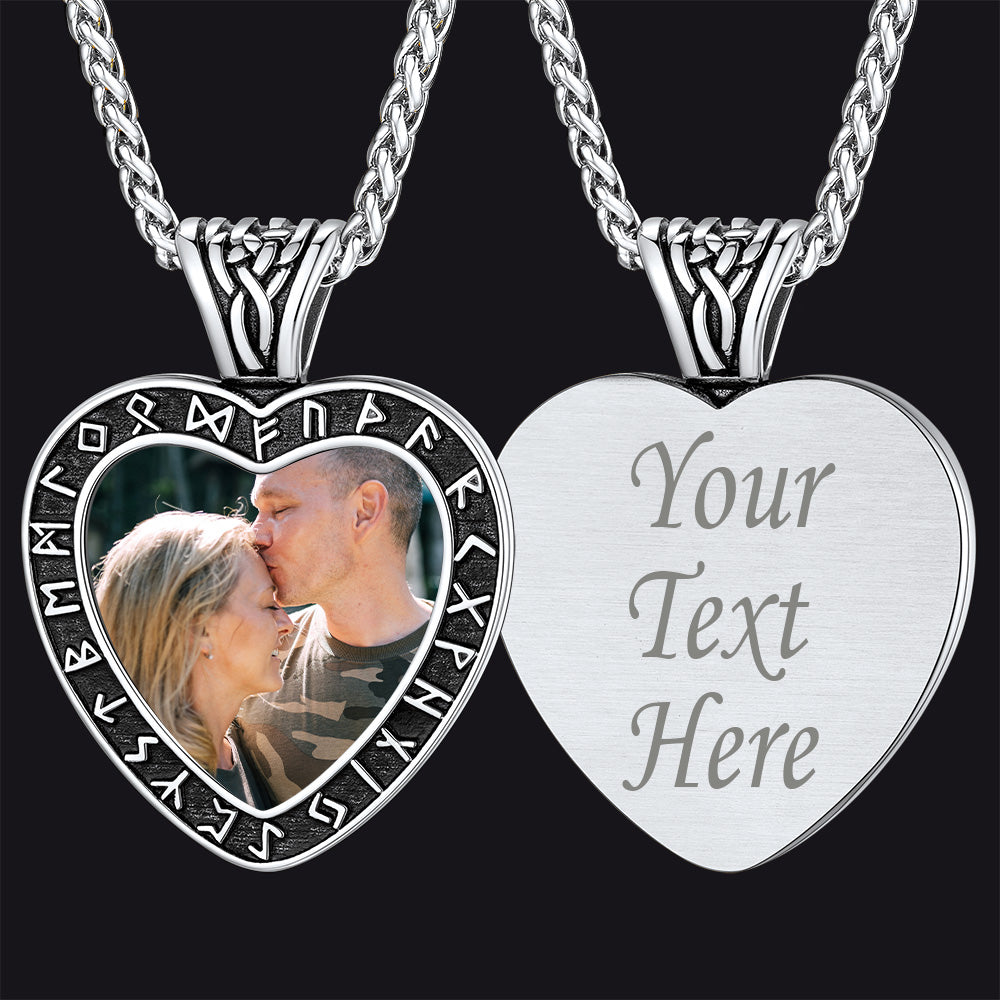 Custom Engraved Photo Heart Necklace Viking Rune Memorial Gift