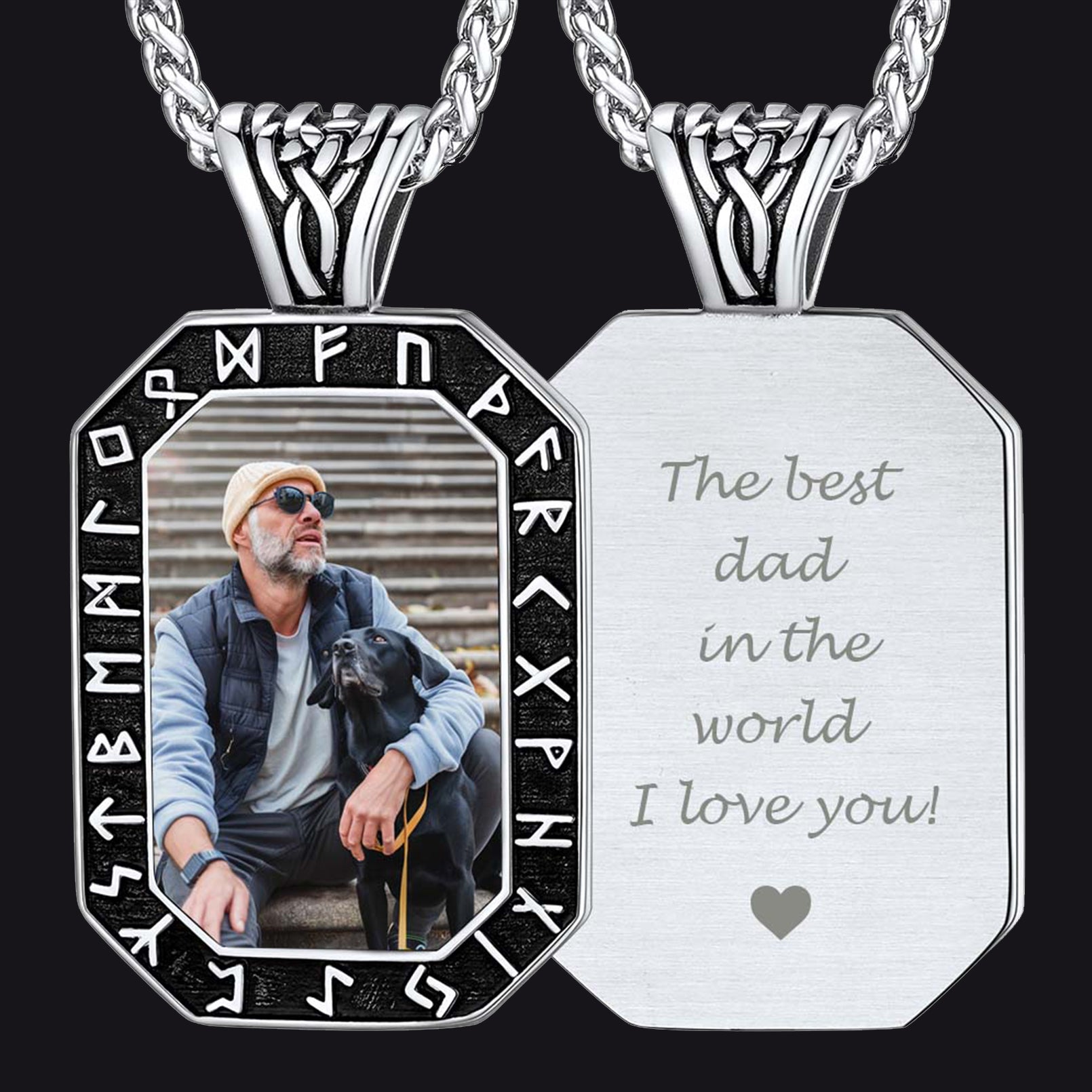Engraved Customized Photo Dog Tag Necklace Viking Runes