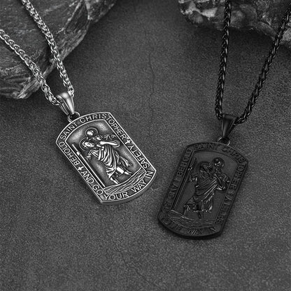 FaithHeart Saint Christopher Dog Tag Pendant Necklace Stainless Steel Catholic Jewelry FaithHeart