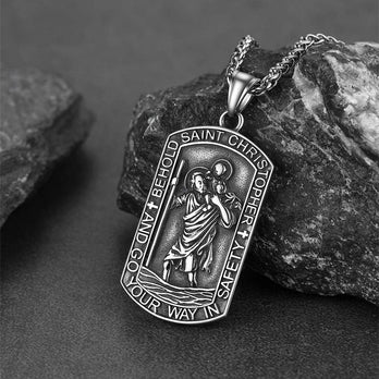 FaithHeart Saint Christopher Dog Tag Pendant Necklace Stainless Steel Catholic Jewelry FaithHeart