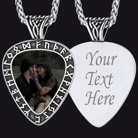 FaithHeart Custom Photo Engraved Text Pendant Necklace with Runes FaithHeart