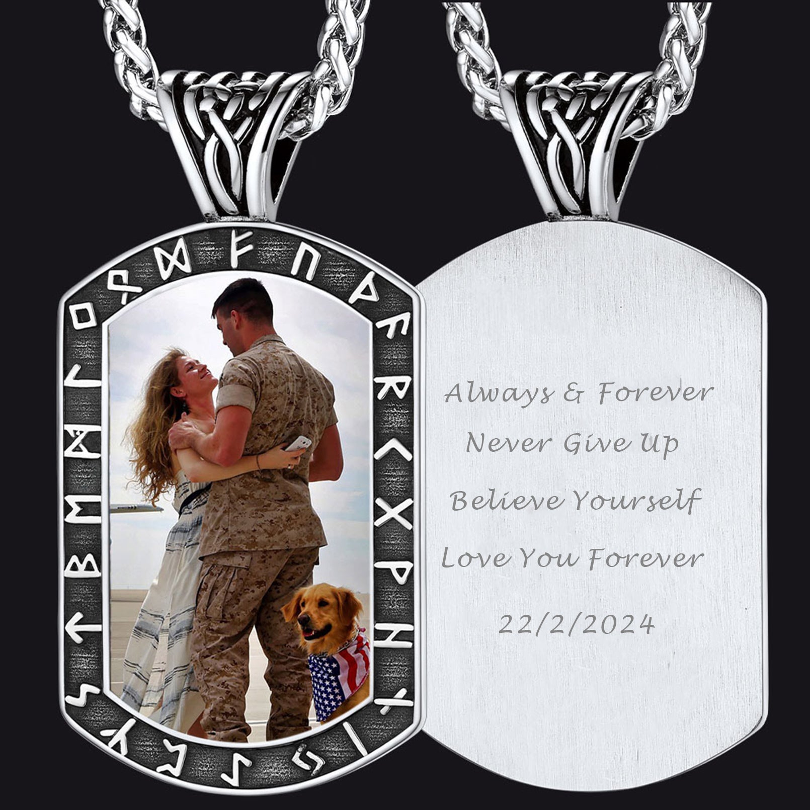 Personalized Picture Engraved Dog Tag Necklace with Runes FaithHeart