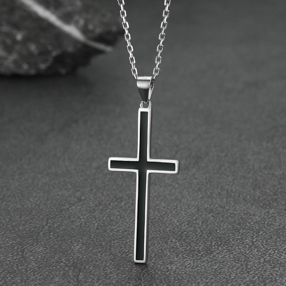 FaithHeart Cross Black Enamel Necklace Sterling Silver Pendant Necklaces FaithHeart