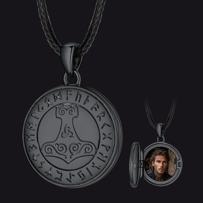 FaithHeart Viking Thor's Hammer Photo Locket Necklace with Runes FaithHeart