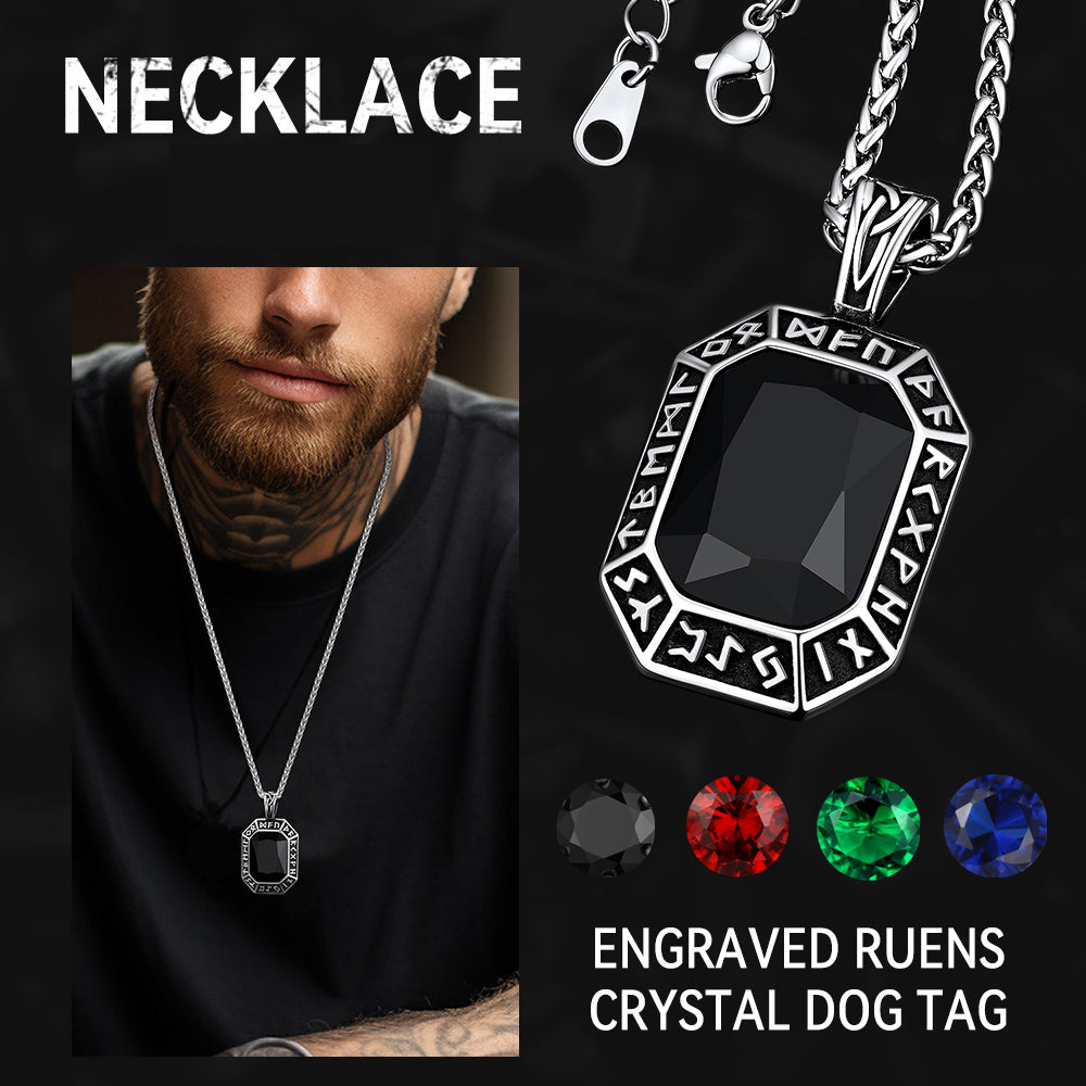 Engraved Gemstone Dog Tag Necklace with Viking Runes For Men