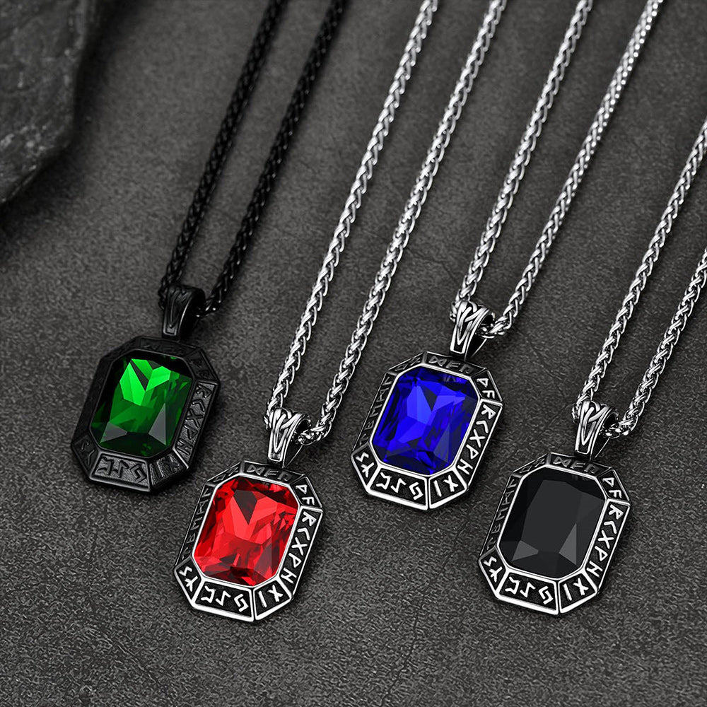 Engraved Gemstone Dog Tag Necklace with Viking Runes For Men