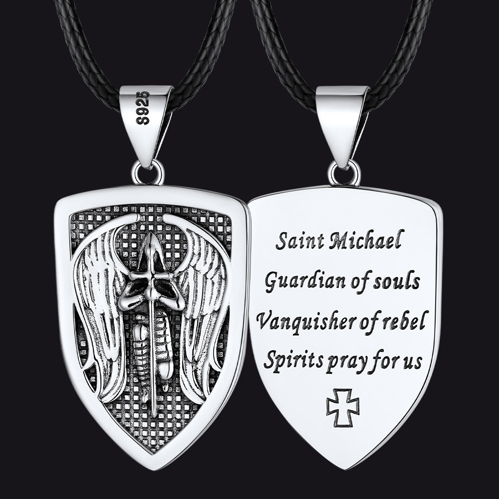 Silver Saint Michael pendant with angel design and text