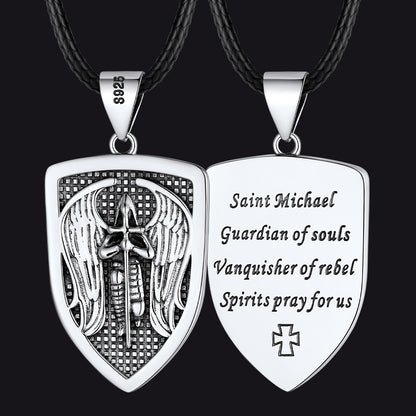 Silver Saint Michael pendant with angel design and text