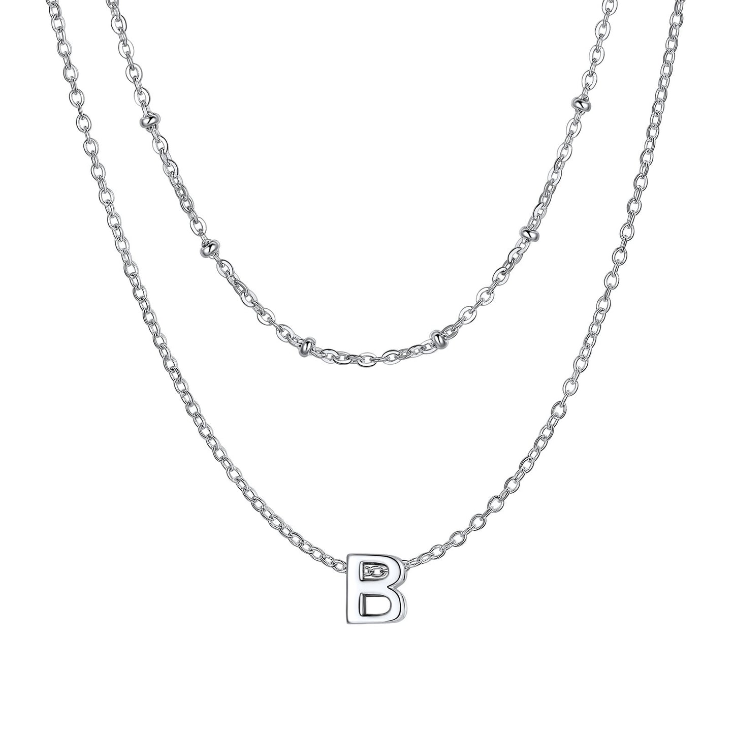 Silver initial necklace B ¨C letter B double chain necklace in silver