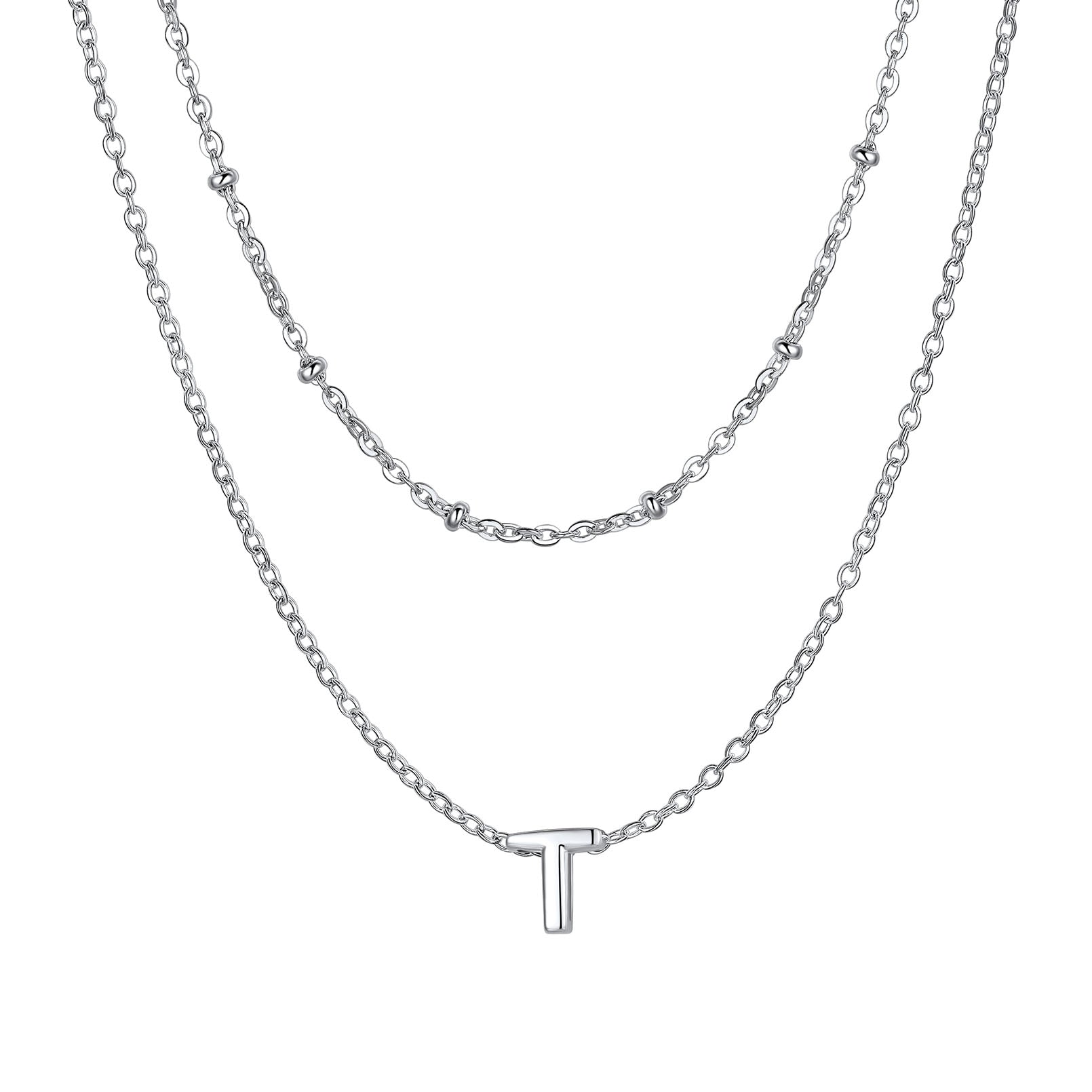 Silver initial necklace T ¨C modern silver T necklace in dual-chain look