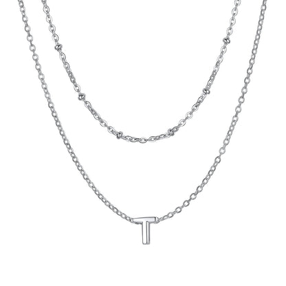 Silver initial necklace T ¨C modern silver T necklace in dual-chain look