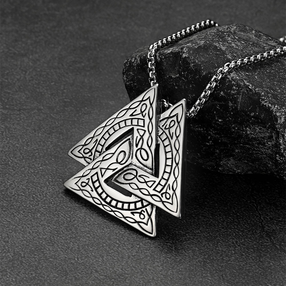Stainless steel Valknut triangle pendant close-up detail