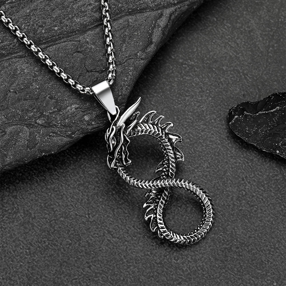 Stainless steel dragon infinity pendant close up view