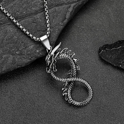 Stainless steel dragon infinity pendant close up view