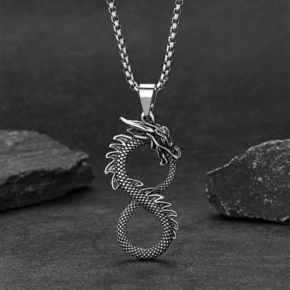Dragon infinity necklace displayed on black background