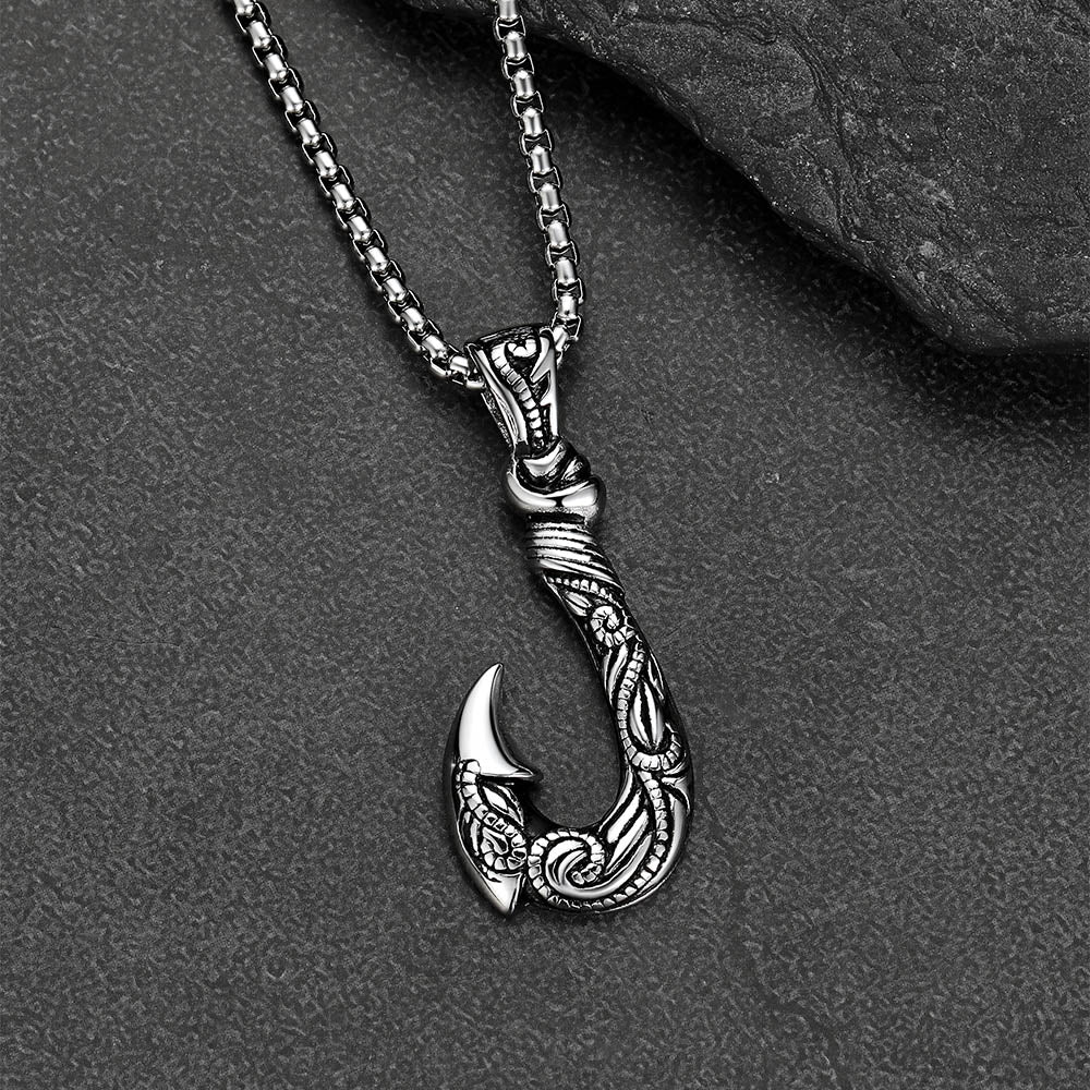 Nordic fish hook amulet necklace with chain for men