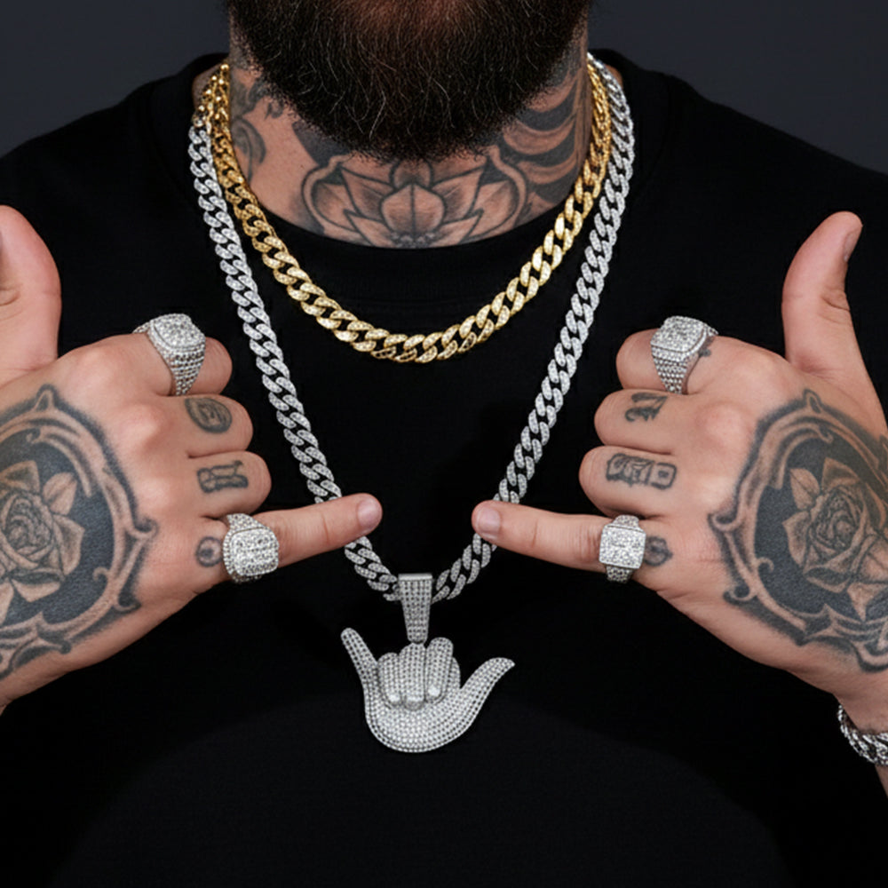 Full Diamond 666 Hand Pendant with Cuban Chain Necklace for Men