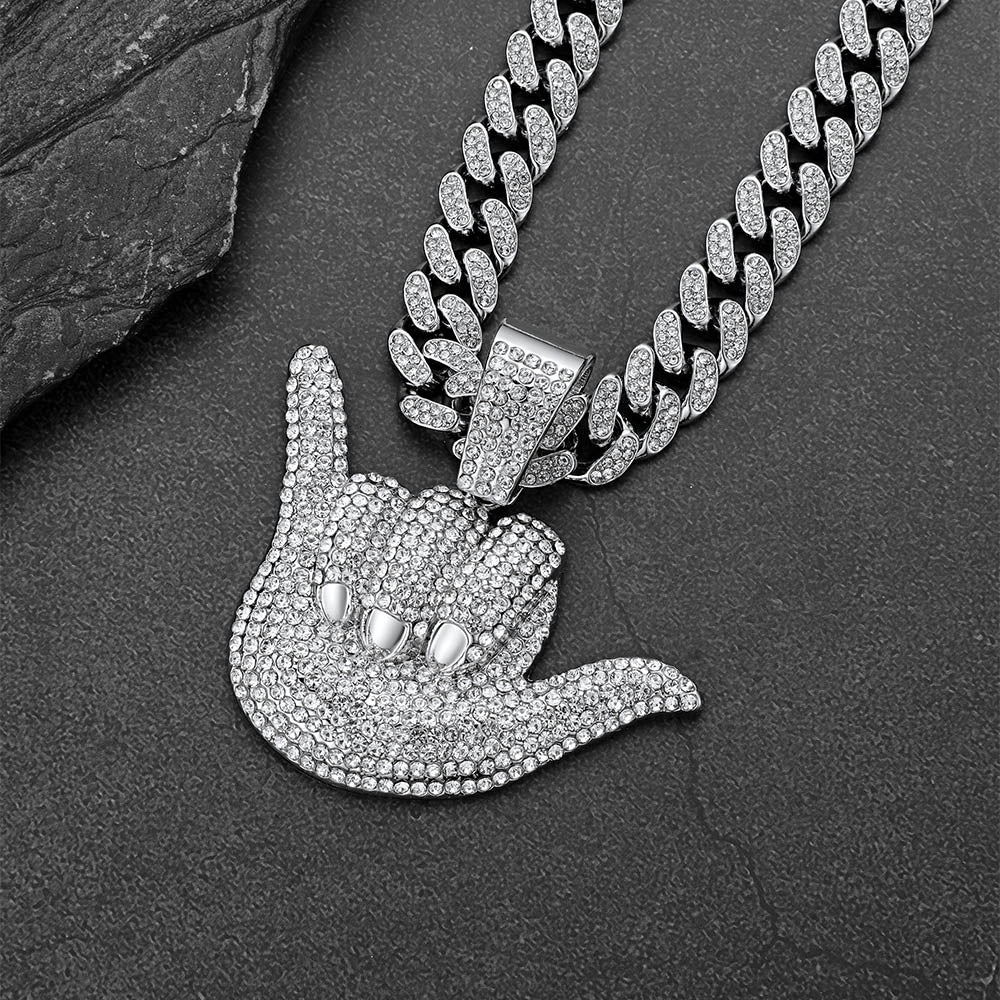 Hip Hop Zirconia 666 Hand Sign Cuban Chain Necklace for Men