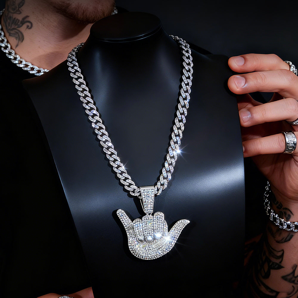 Full Diamond 666 Hand Pendant with Cuban Chain Necklace for Men