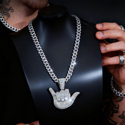 Full Diamond 666 Hand Pendant with Cuban Chain Necklace for Men