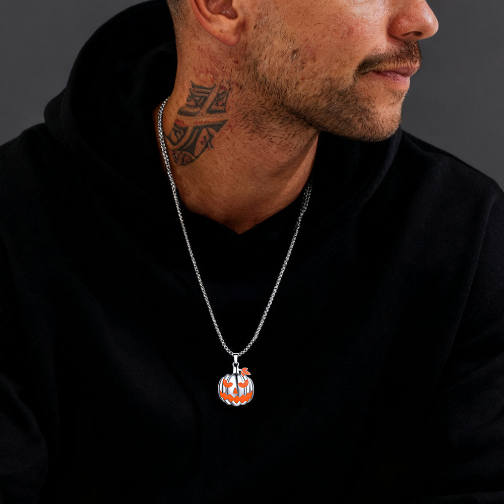Man wearing a Glowing Pumpkin Pendant pendant