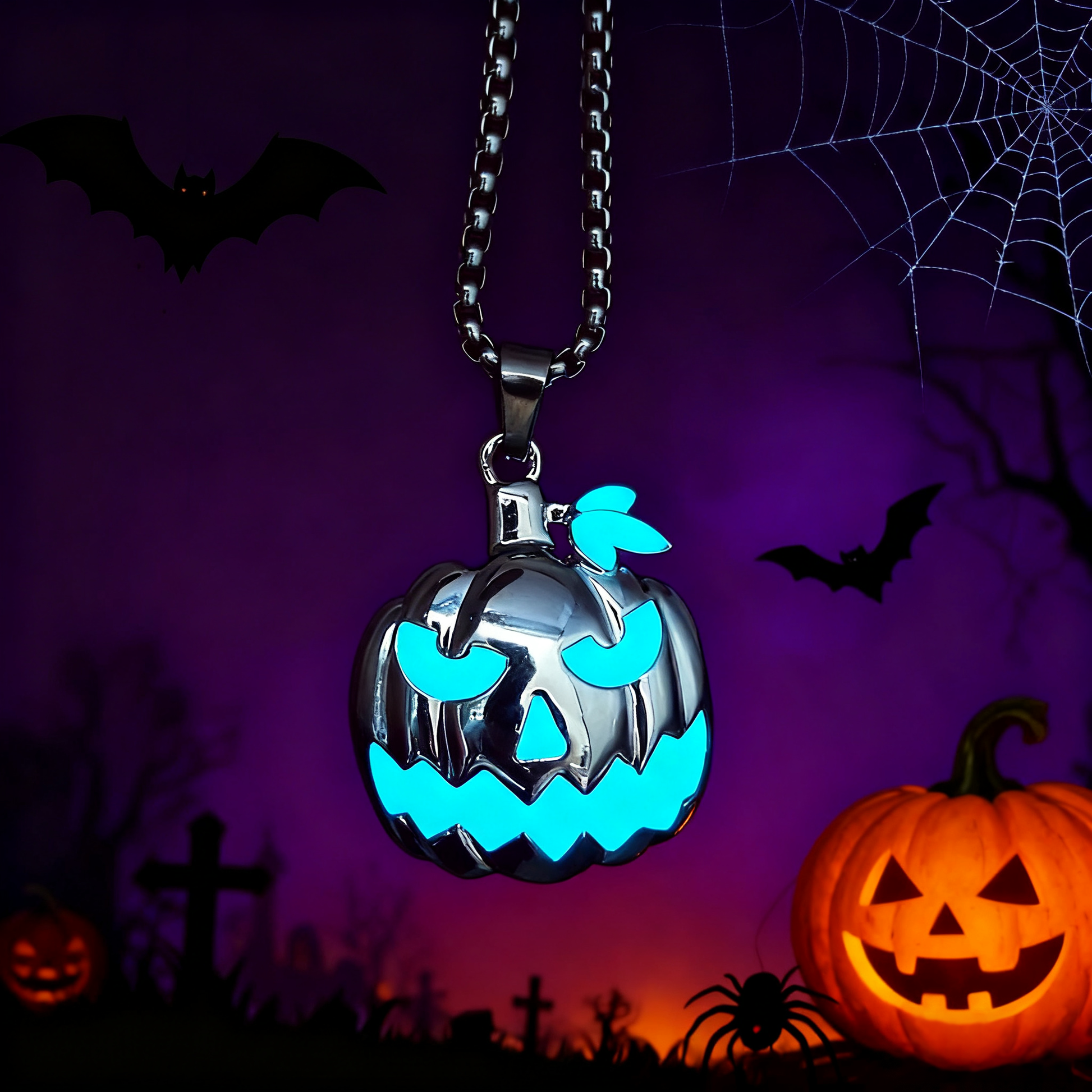 Pendant necklace with pumpkin skull design lit up at night