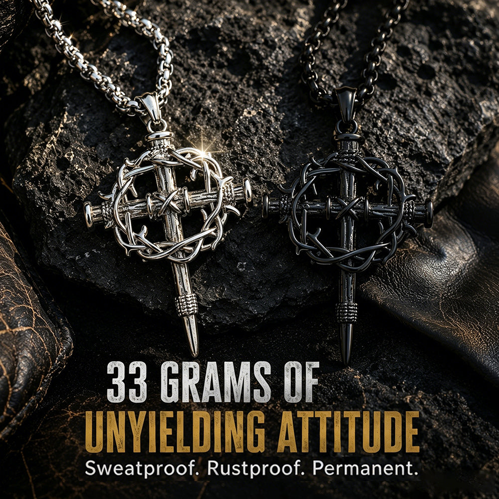Two cross-shaped necklaces on a dark stone surface with promotional text.