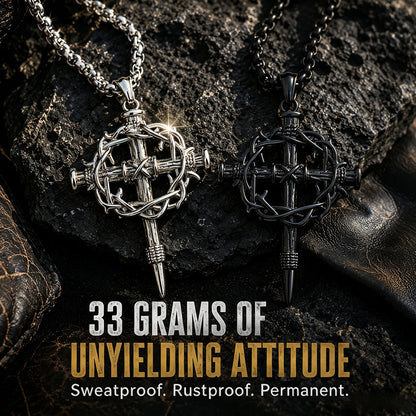 Two cross-shaped necklaces on a dark stone surface with promotional text.