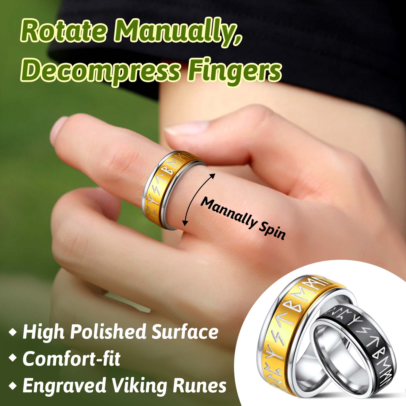 Viking Runes Fidget Anxiety Stainless Steel Ring for Men Couple