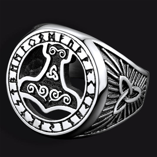 FaithHeart Viking Thor's Hammer Ring with Runes for Men FaithHeart