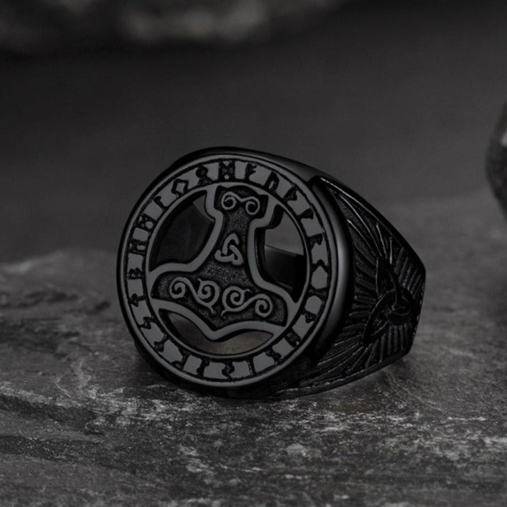FaithHeart Viking Thor's Hammer Ring with Runes for Men FaithHeart