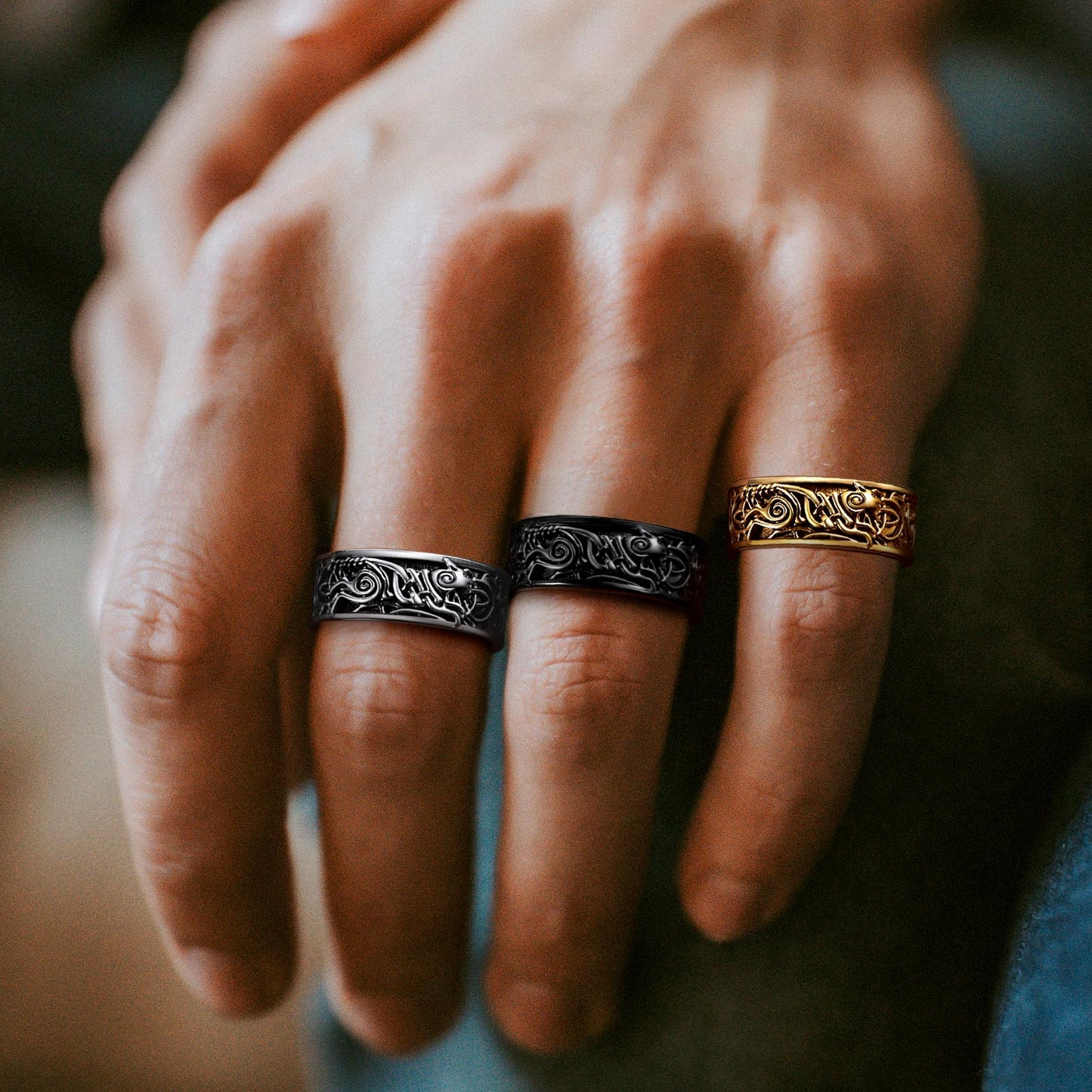 Men Wearing Steel/Black/Gold Norse Viking Celtic Wolf Ring Band