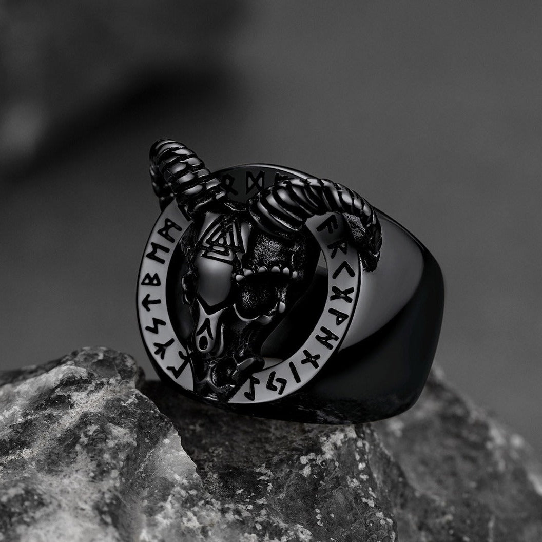 FaithHeart Satanic Goat Skull Ring With Viking Runes For Men FaithHeart