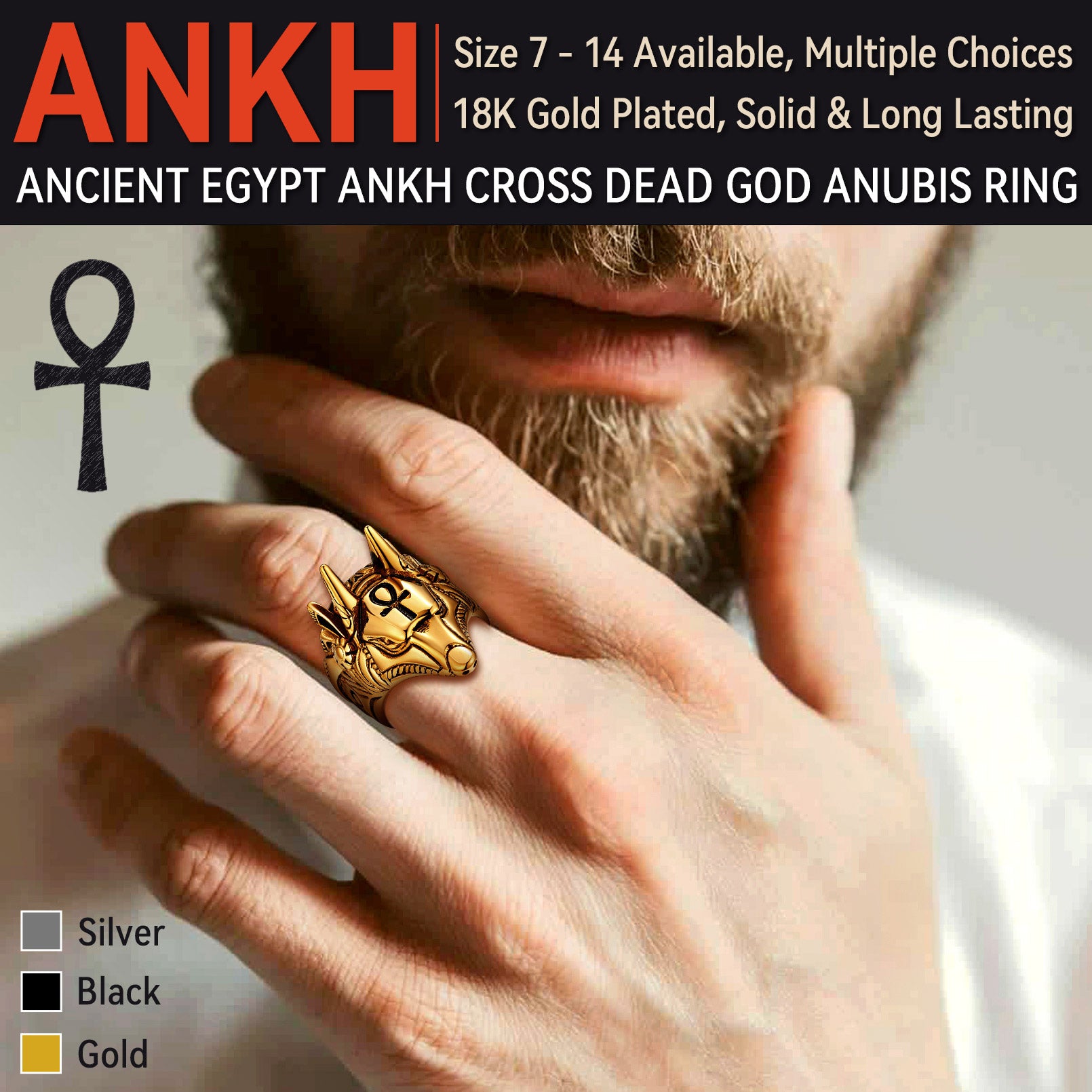 Ancient Egyptian Anubis Ring With Ankh Cross For Men