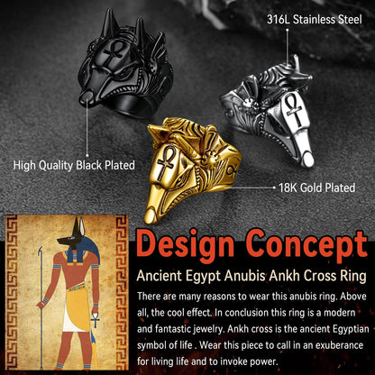 Ancient Egyptian Anubis Ring With Ankh Cross For Men