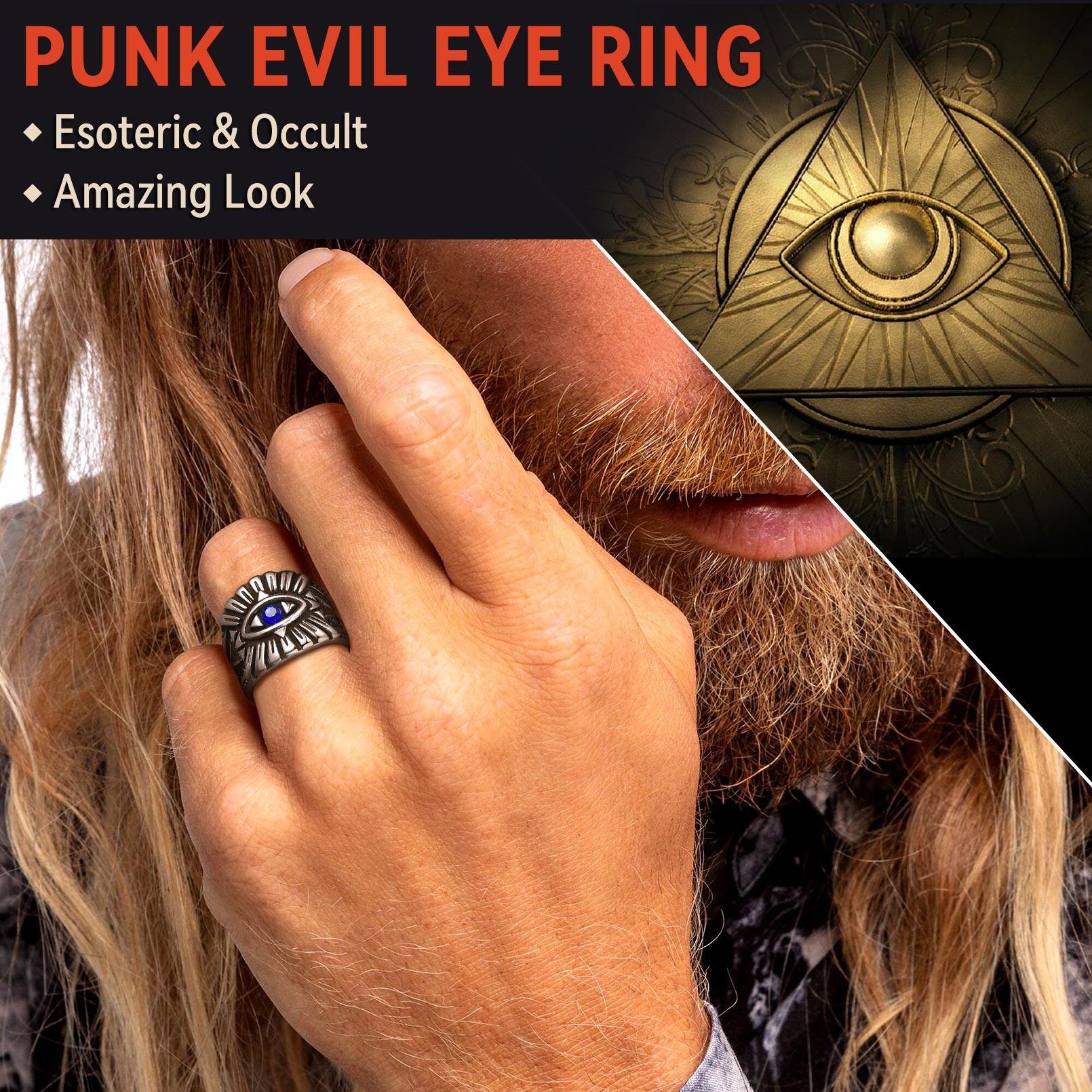 Blue Sapphire All Seeing Eye Stainless Steel Ring