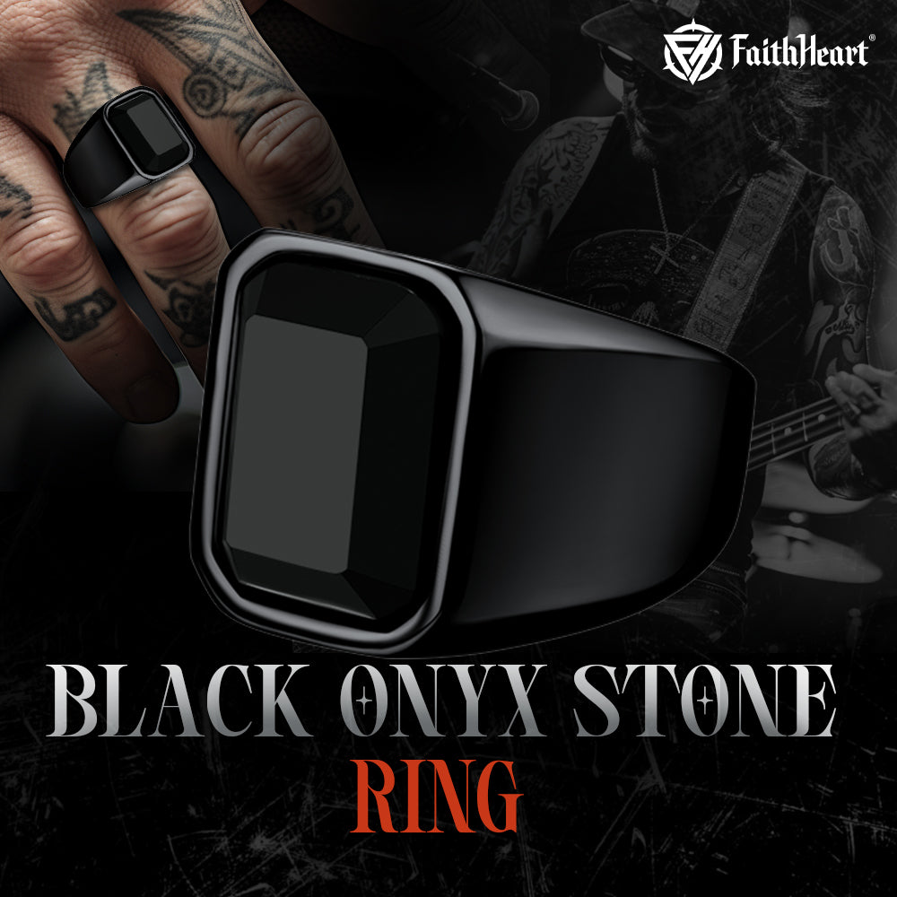 FaithHeart Black Onyx Stone Ring Signet Ring For Men FaithHeart