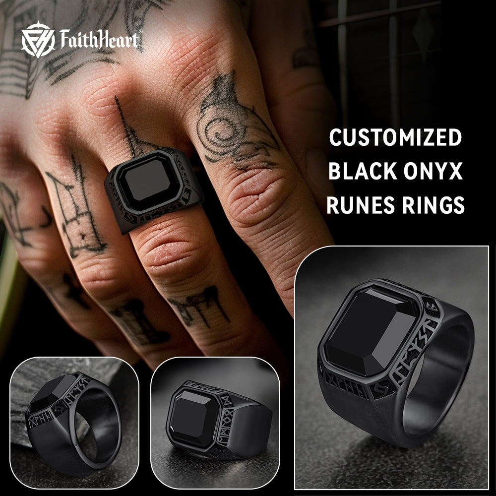 FaithHeart Customized Black Onyx Runes Engraved Rings for Men