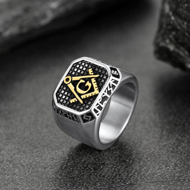 FaithHeart Square Masonic Ring with Runes for Men FaithHeart