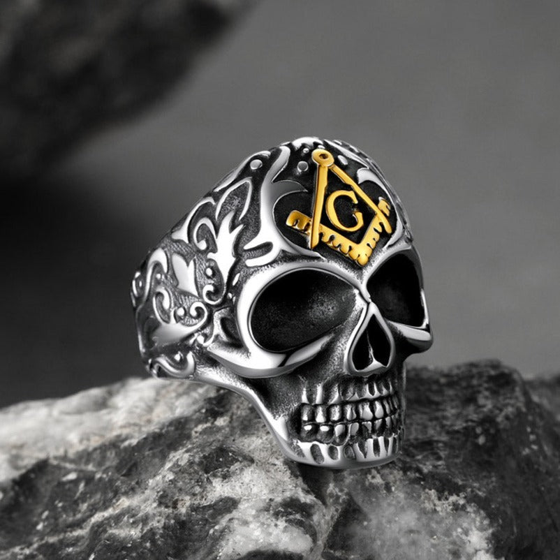 FaithHeart Masonic Skull Signet Ring Stainless Steel Biker Ring FaithHeart