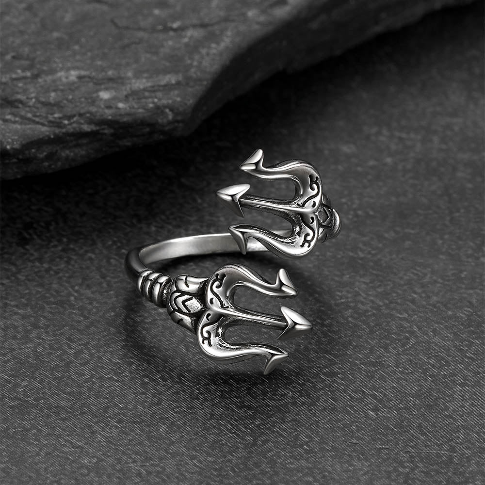 Stainless steel Greek god Poseidon Trident ring close-up