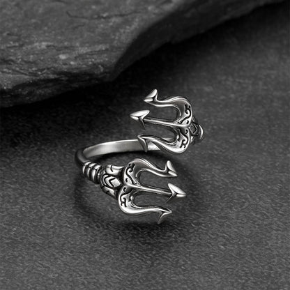 Stainless steel Greek god Poseidon Trident ring close-up