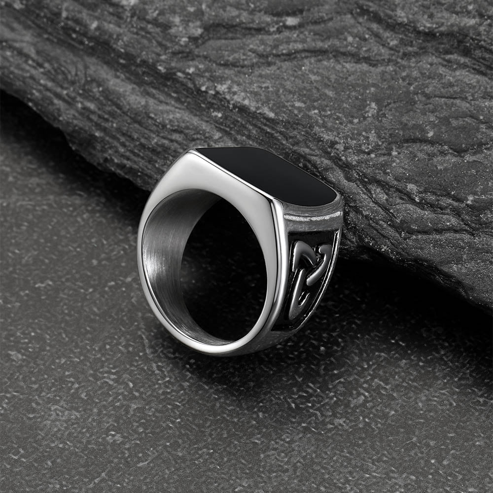 Bold black onyx Celtic knot signet ring side angle