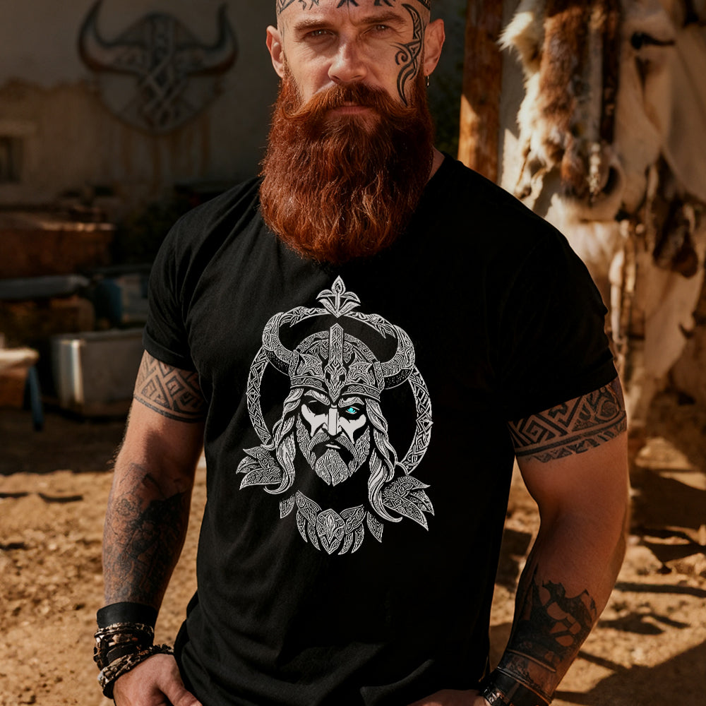 Man wearing Odin's Gaze All-Father Black T-Shirt Front