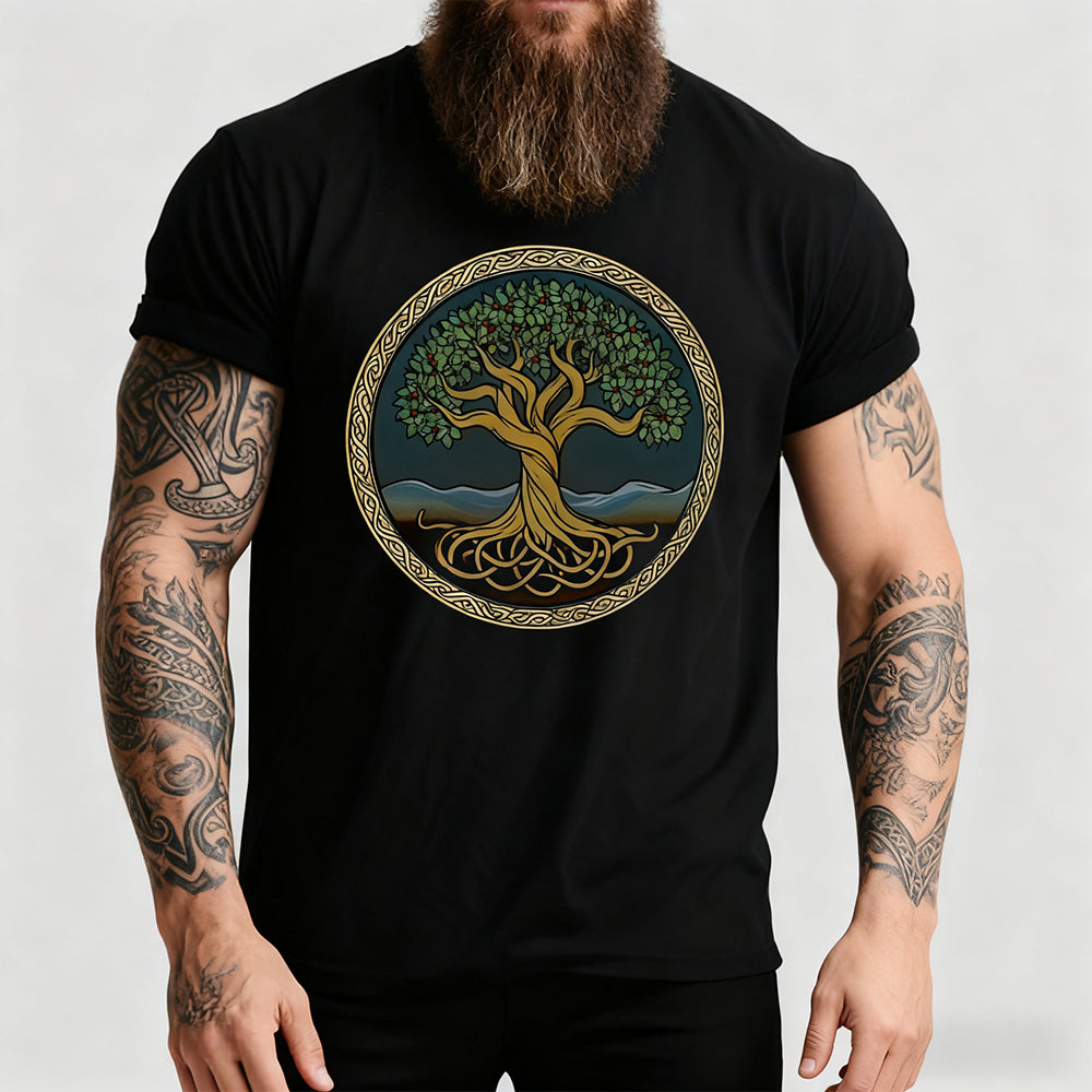 Person wearing a Viking Yggdrasil Tree of Life Black T-Shirt