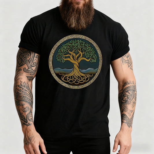 Person wearing a Viking Yggdrasil Tree of Life Black T-Shirtimg