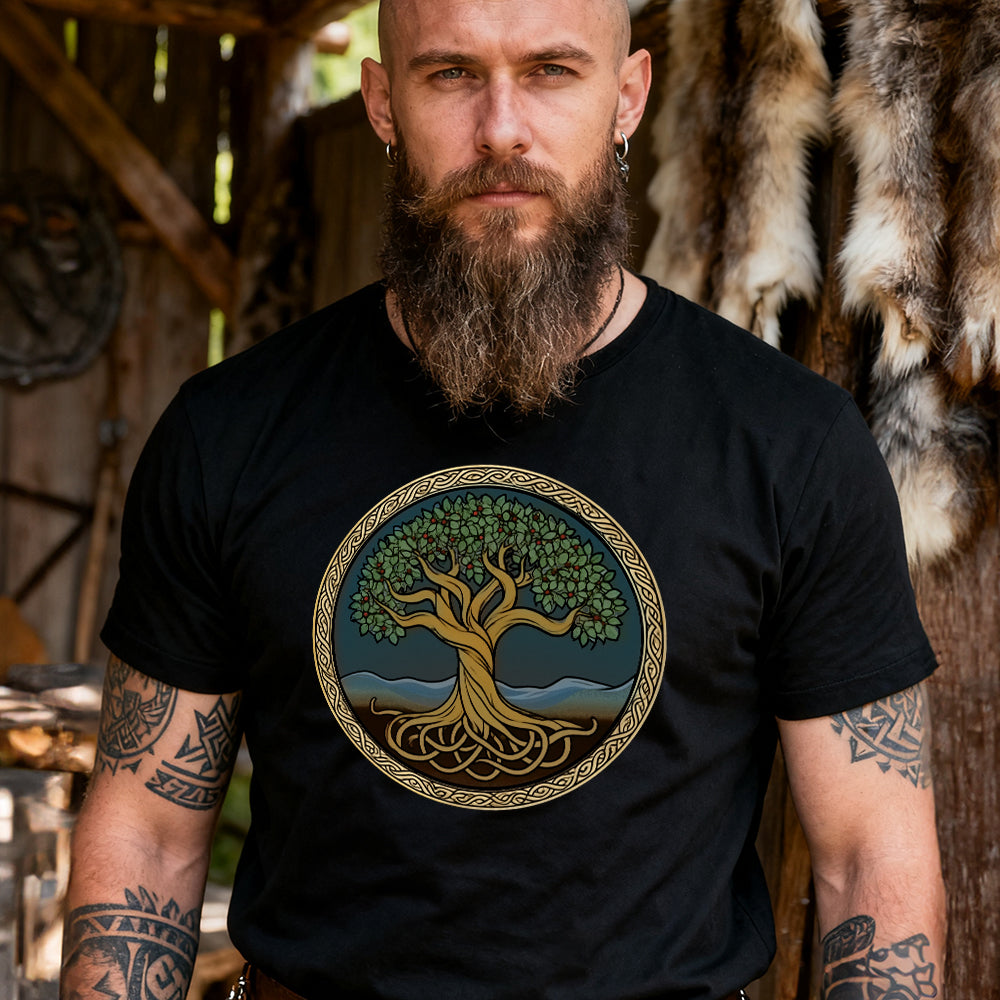 Man wearing a Norse Mythology Tree Graphic Tee Front